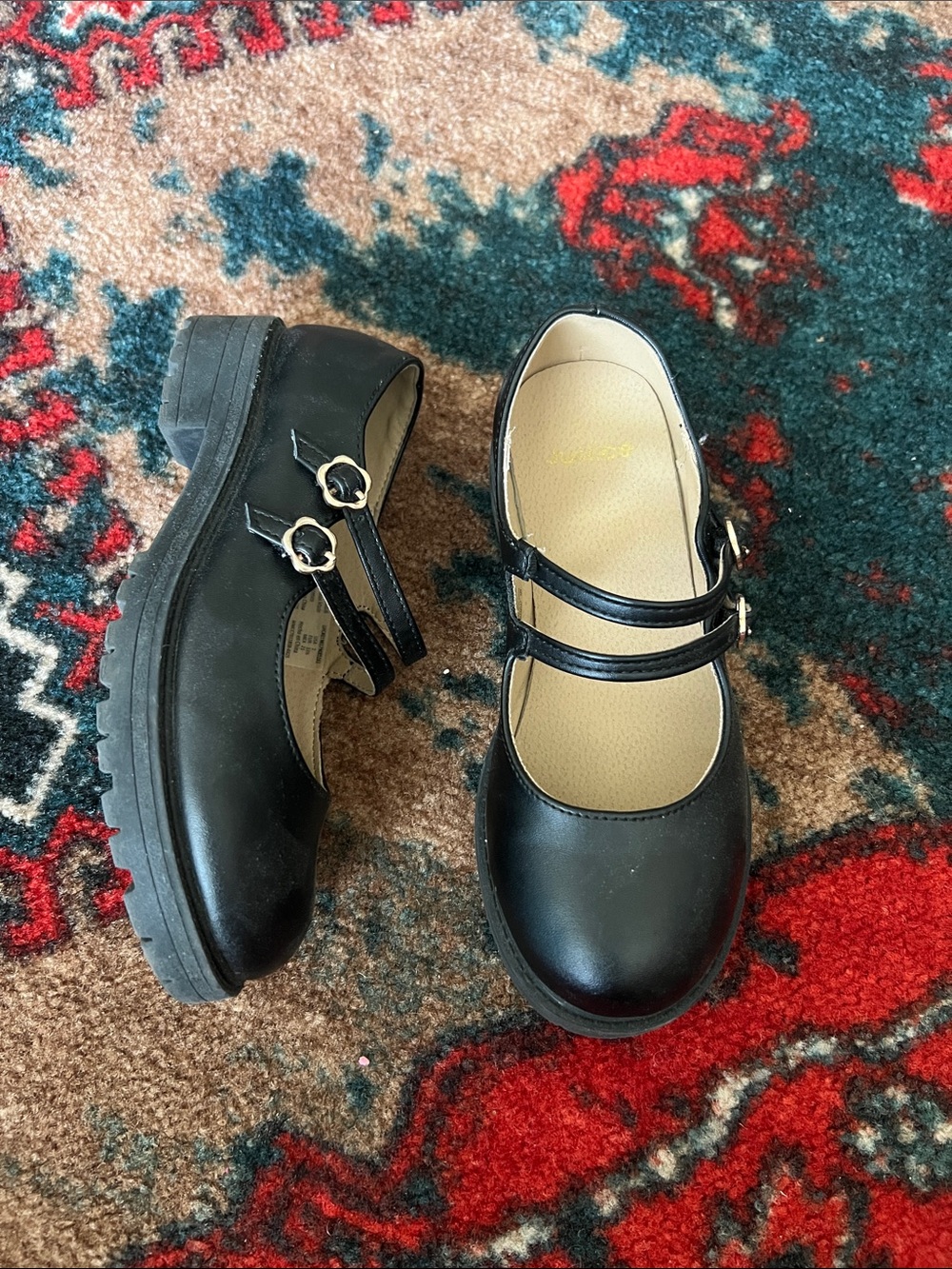 Justice Black Double-Strap Mary Jane Shoes with Gold Buckles